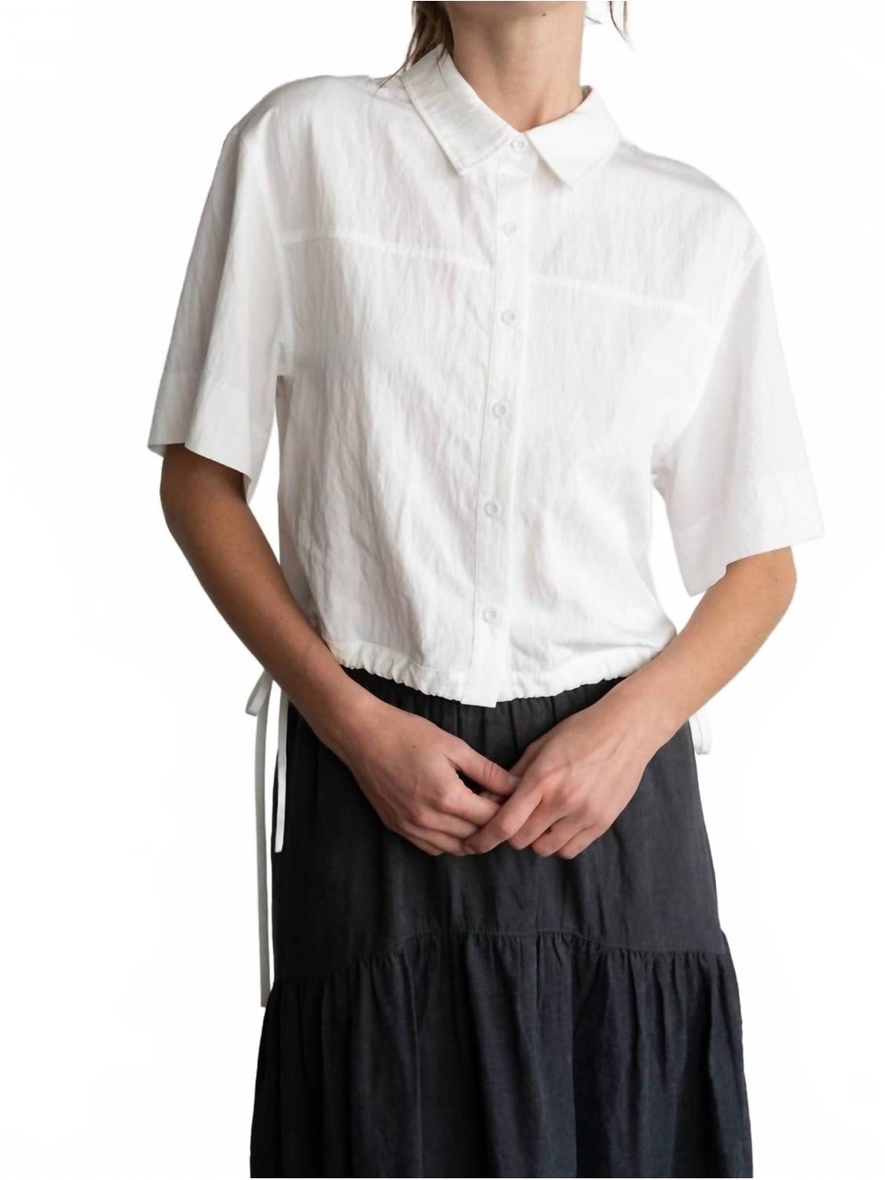 Relaxed White Cropped Button-Down Shirt - Women's Casual Top